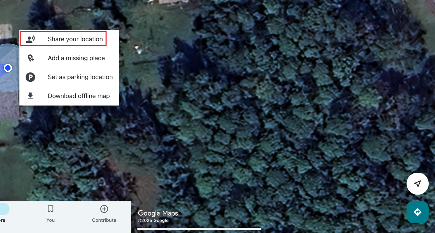 Uma captura de tela do Google Maps destacando o processo de compartilhamento de sua localização.