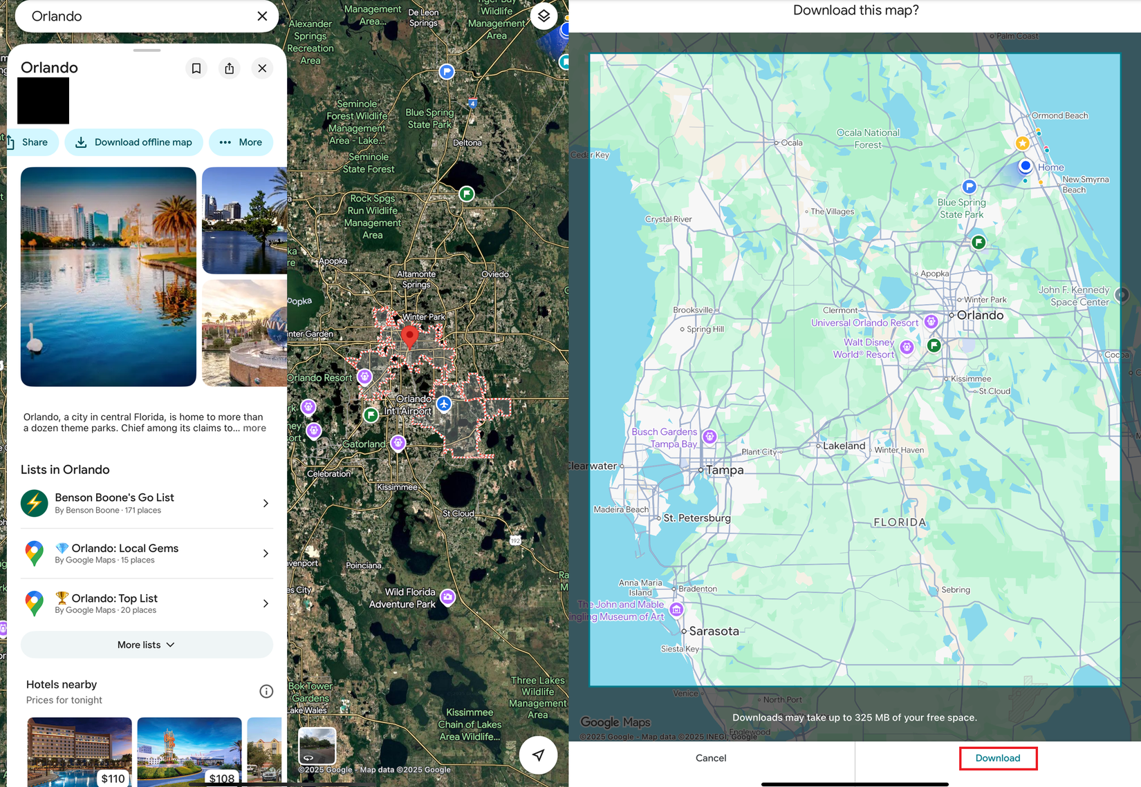 duas capturas de tela lado a lado mostrando como usar o recurso Mapas off-line do Google Maps.