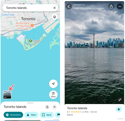 Duas capturas de tela lado a lado mostrando o recurso Street View do Google Maps, uma está no modo de mapa, a segunda é o Street View