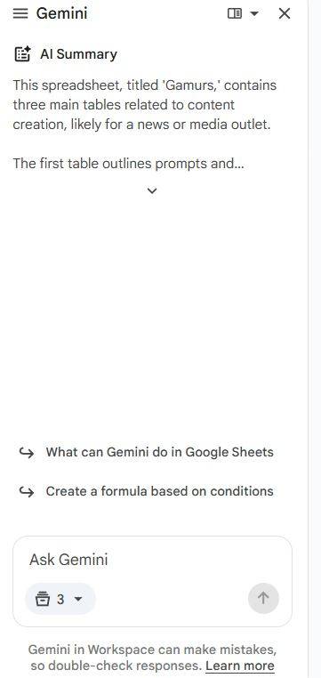 Coluna lateral da IA ​​do Planilhas Google