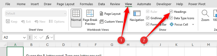 Headings is checked in the View tab on Microsoft Excel's ribbon.