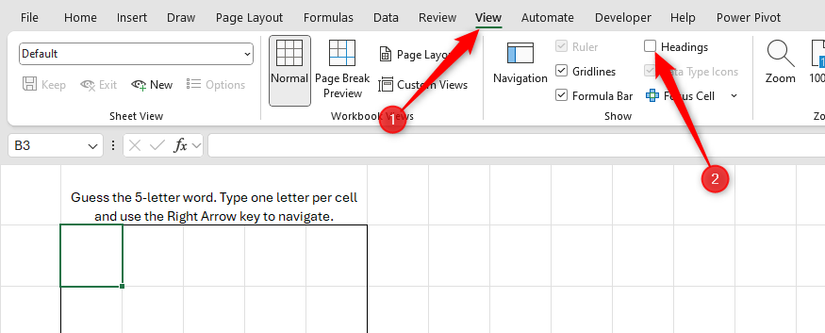 Headings is unchecked in Excel's View tab.