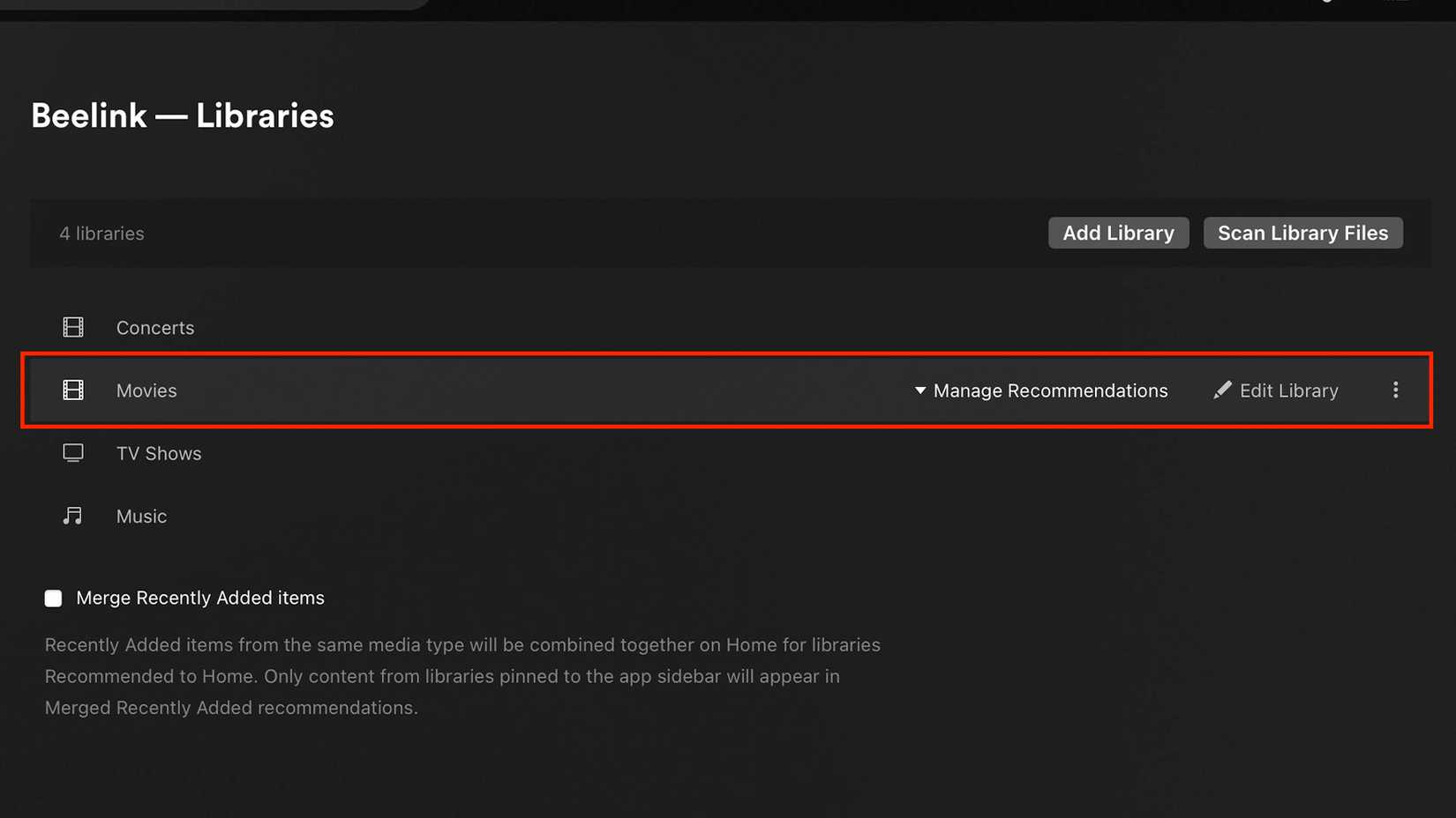 Highlighting the Movies option in the Plex Library settings.