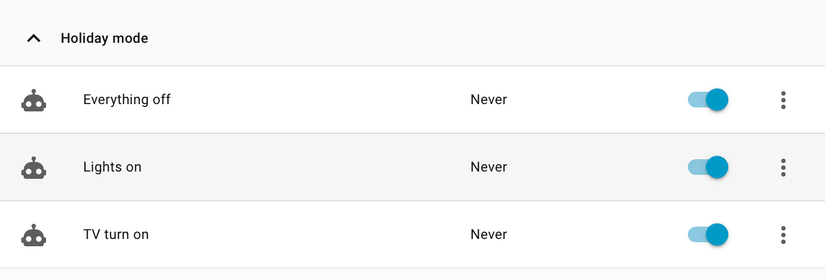 Holiday mode automations in Home Assistant.