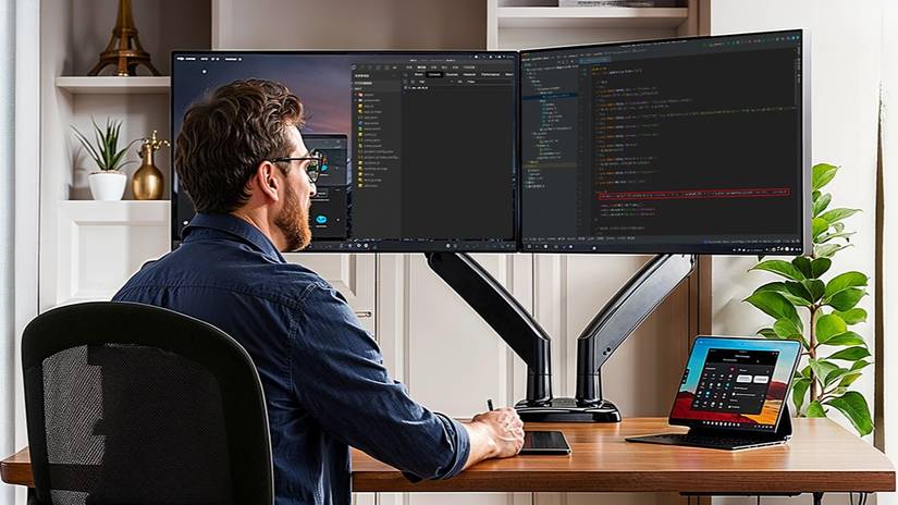 Huanuo DS7 monitor arm raised at eye-level height.