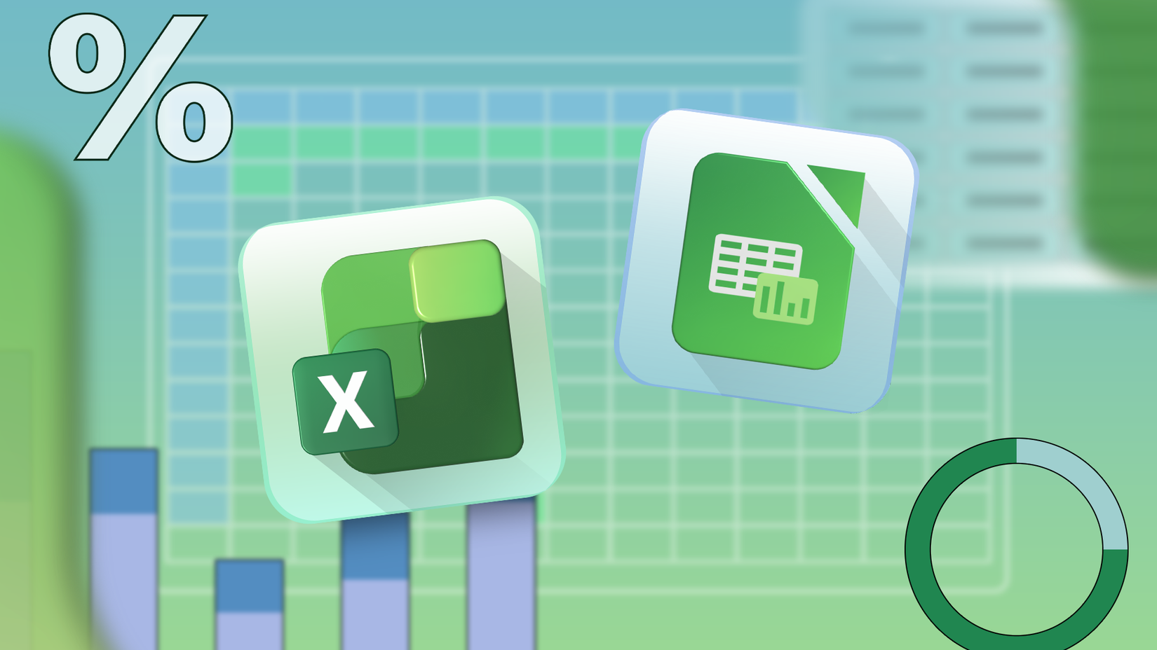 Icons of Microsoft Excel and LibreOffice Calc floating above a blurred spreadsheet background with charts and graphs.
