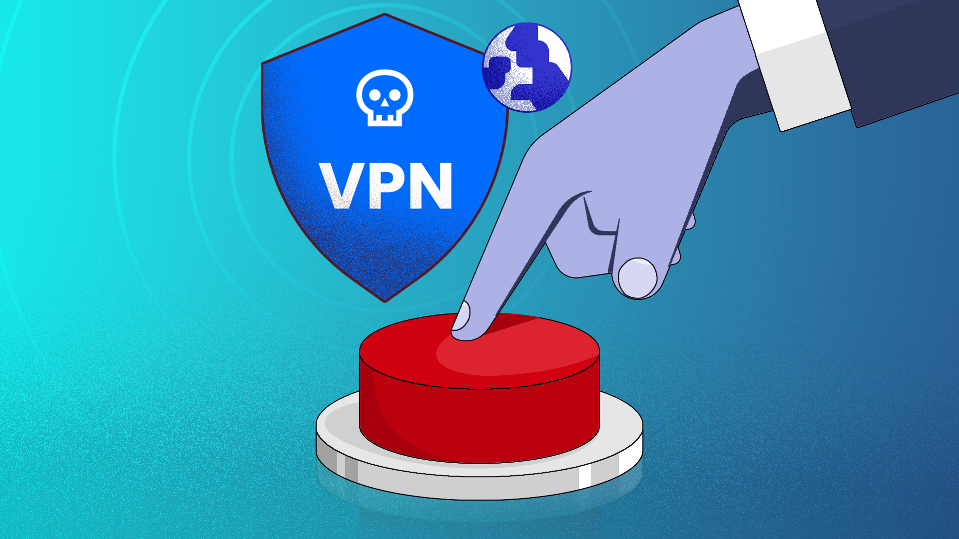 Ilustração de uma mão pressionando um botão vermelho ao lado de um ícone de escudo VPN azul.