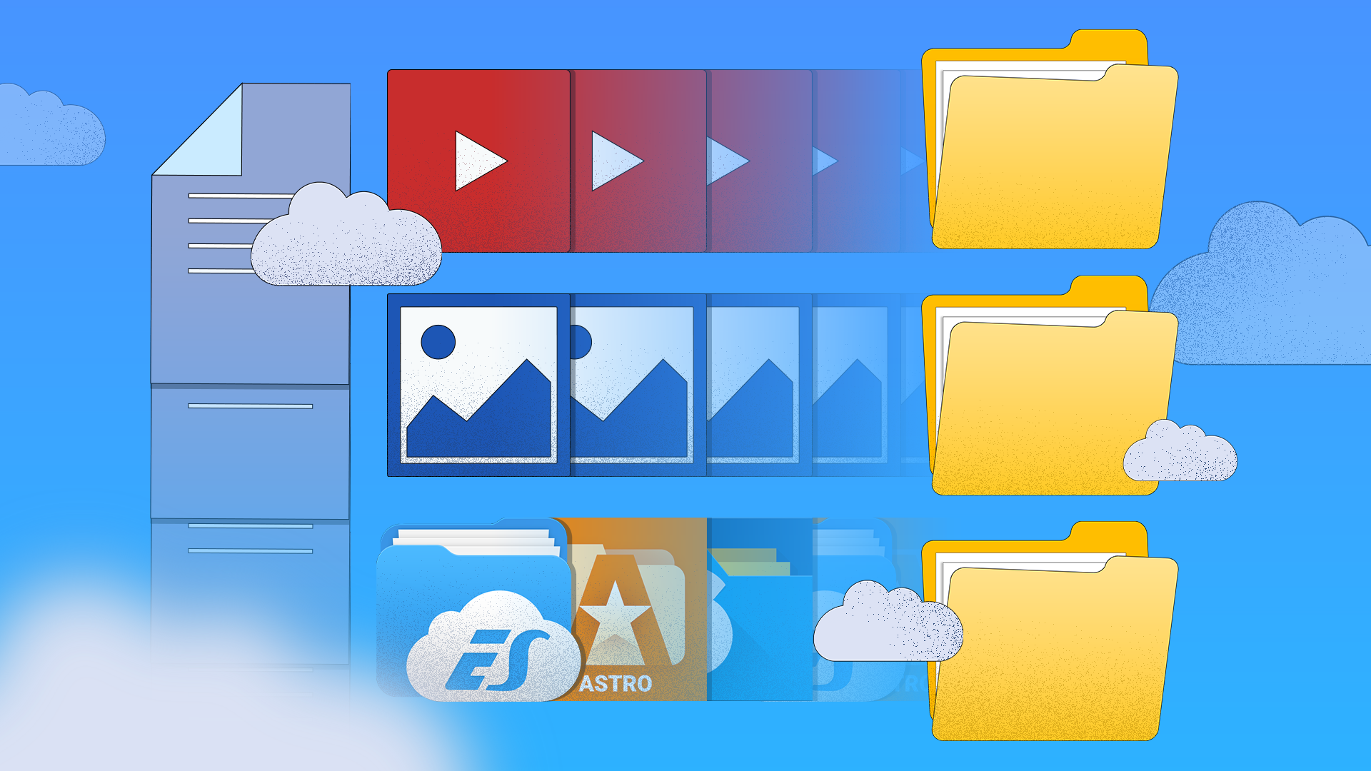 Illustration of file lists, video player, image thumbnails and file manager apps, fading into cloud storage folders on the right.