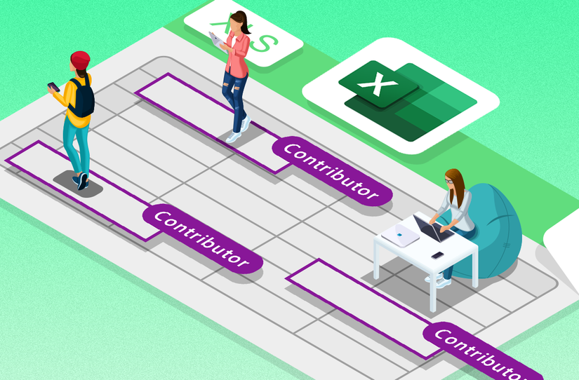 Ilustração de vários colaboradores trabalhando em uma planilha Excel compartilhada, representada como pessoas interagindo com seções rotuladas em uma grade.