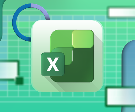 Illustration of the Microsoft Excel logo centered over a stylized spreadsheet background with floating shapes and cells.