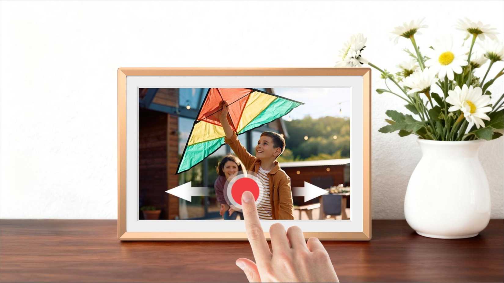 A hand sliding left and right on an Arzopa digital frame.