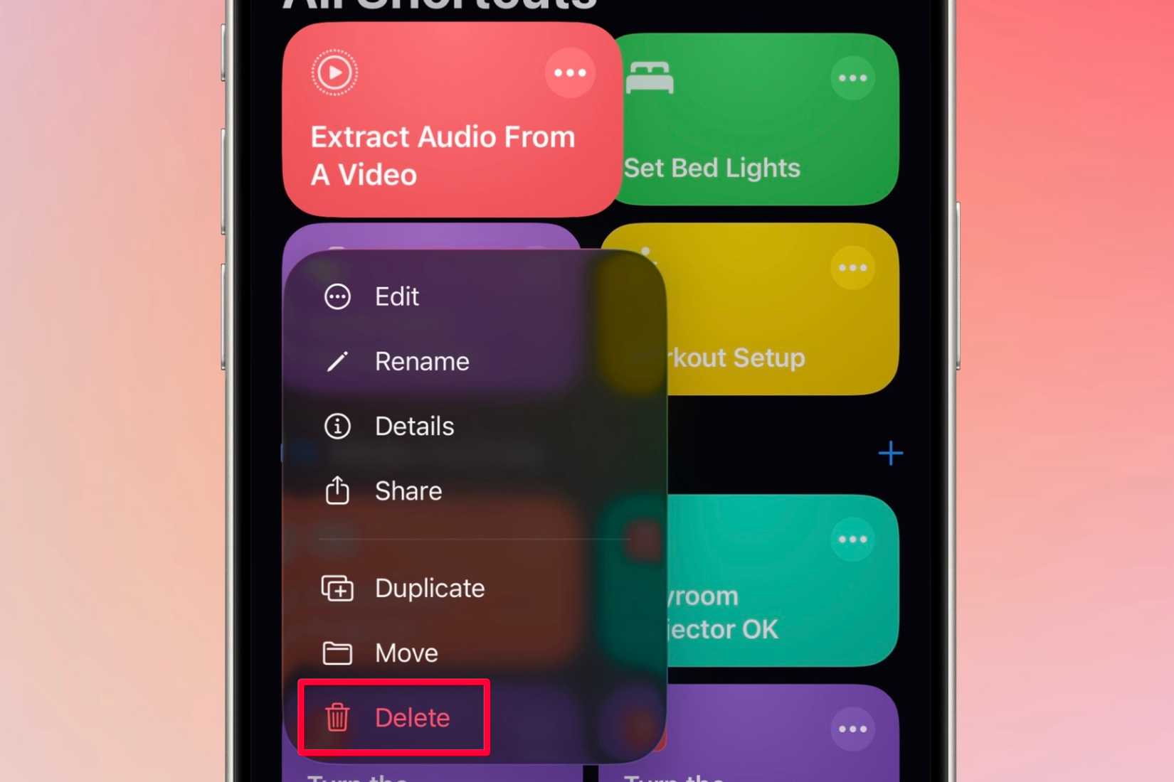 Deleting a shortcut from the Shortcuts app library.