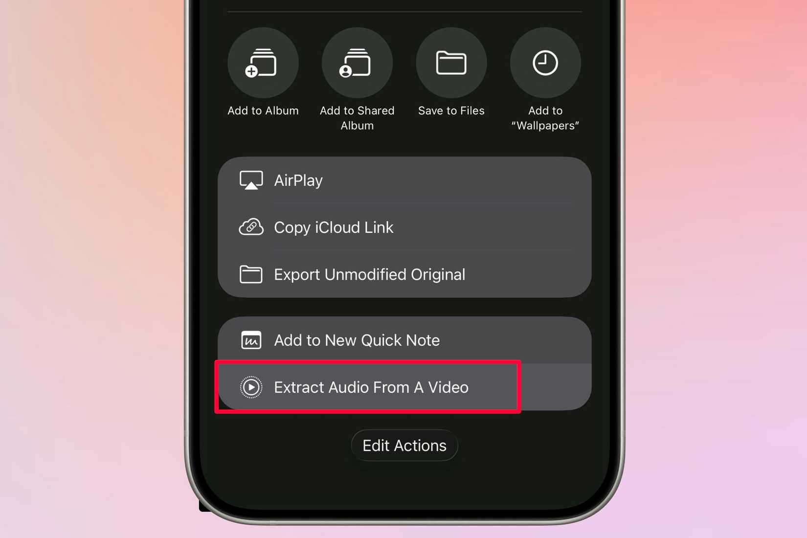The shortcut to extract audio from a video showing the share sheet.