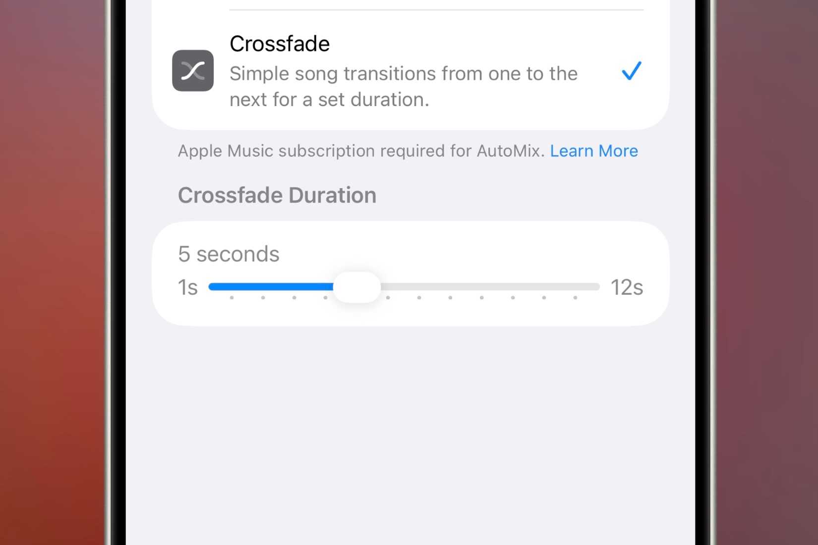 Crossfade duration setting in the Music app settings.