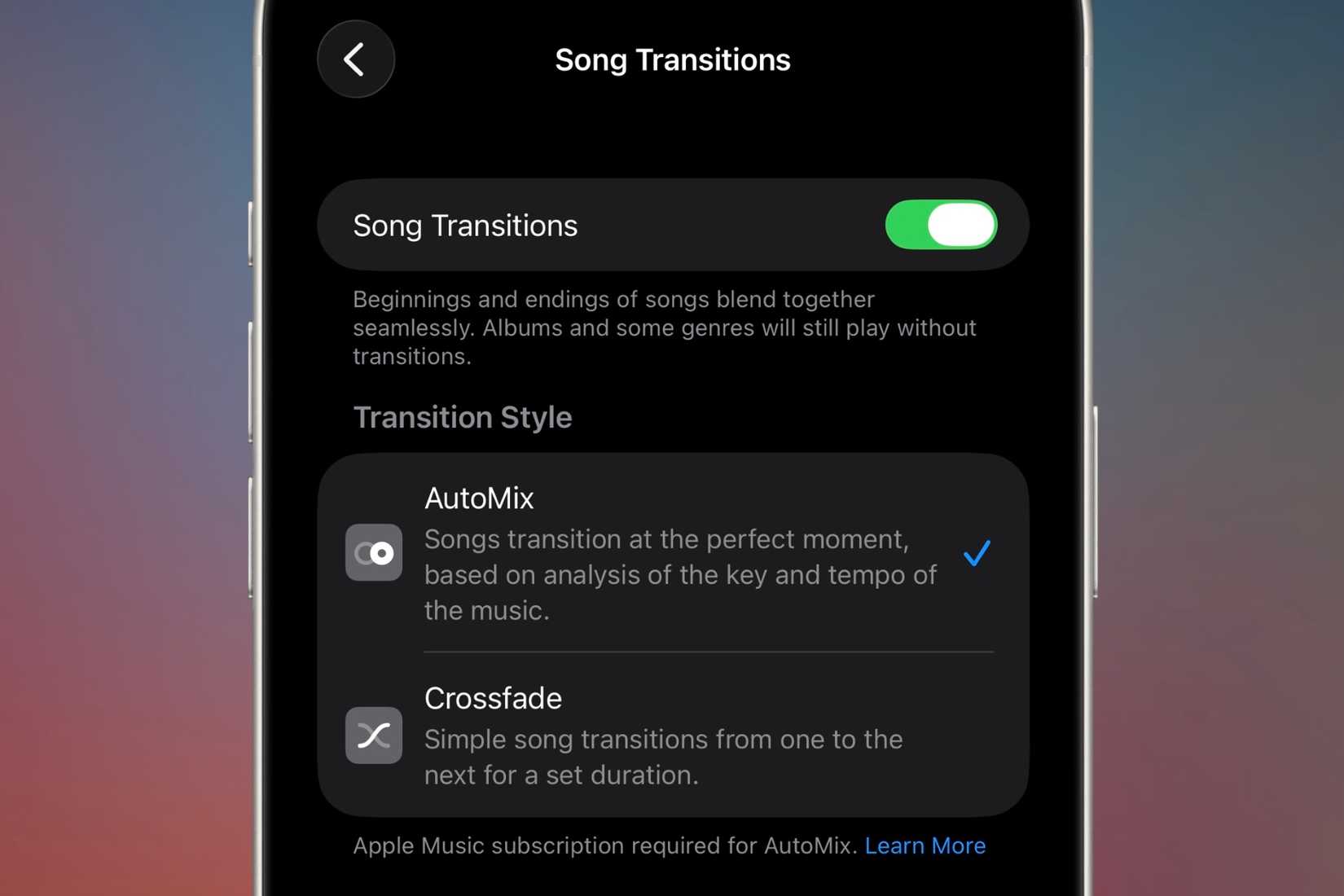 Song transitions settings to change between AutoMix and Crossfade.