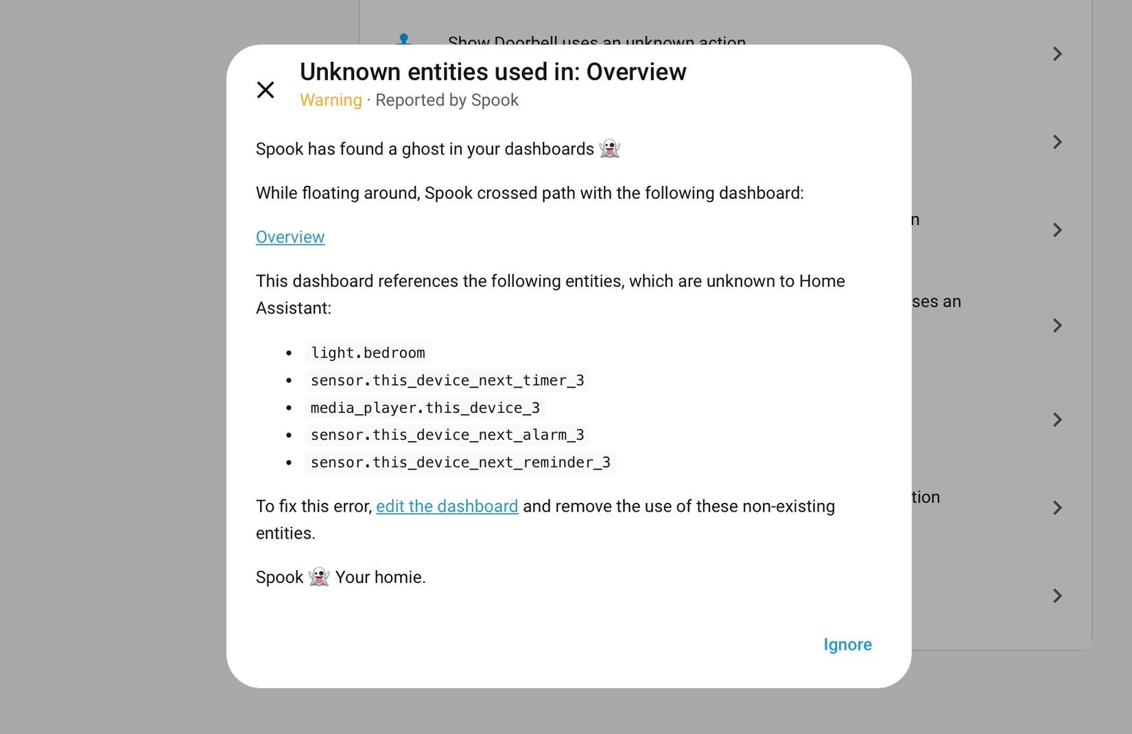 Information about missing entities in automations discovered by Spook in Home Assistant.