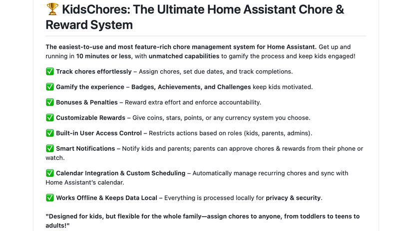 Information about the KidsChores integration on the KidsChores GitHub page.