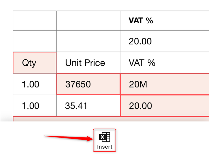 Inserir é selecionado na ferramenta Dados da imagem no aplicativo iOS Excel.