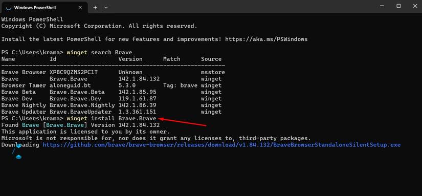 Installing the Brave browser in Terminal.