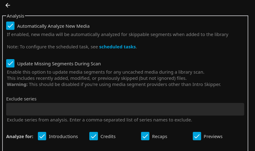 Opções de configuração do plugin Skipper Jellyfin.