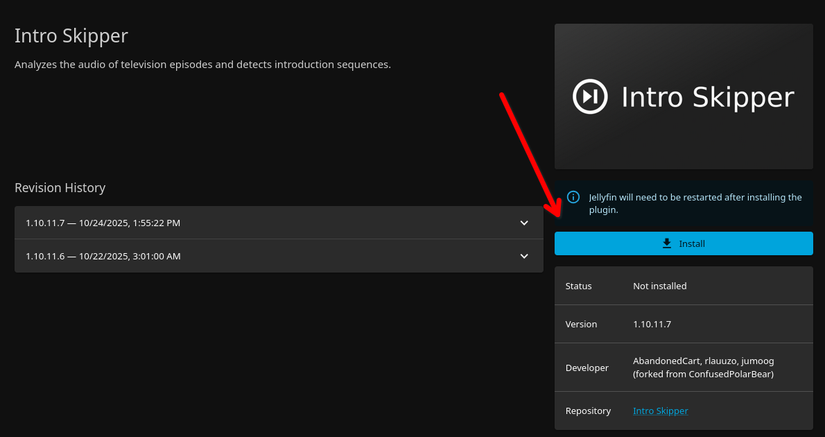 Página de informações do plugin Intro Skipper para Jellyfin com uma seta vermelha apontando para o botão Instalar.