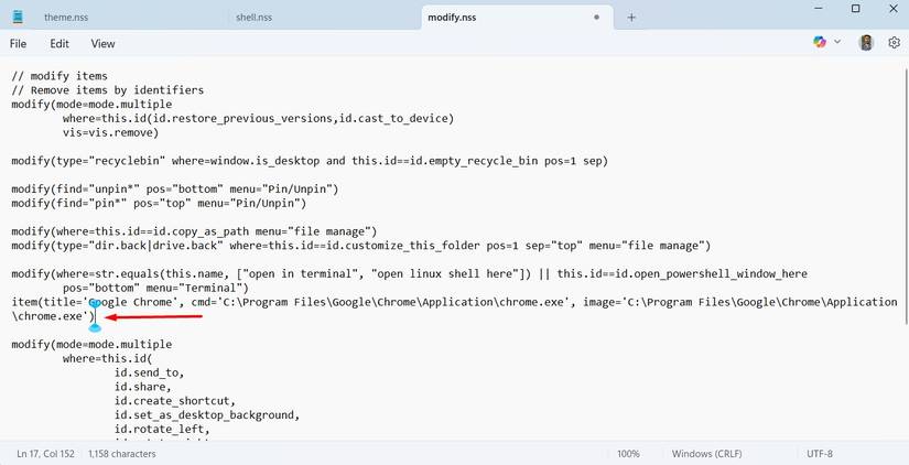 Entrada de item no arquivo de modificação.