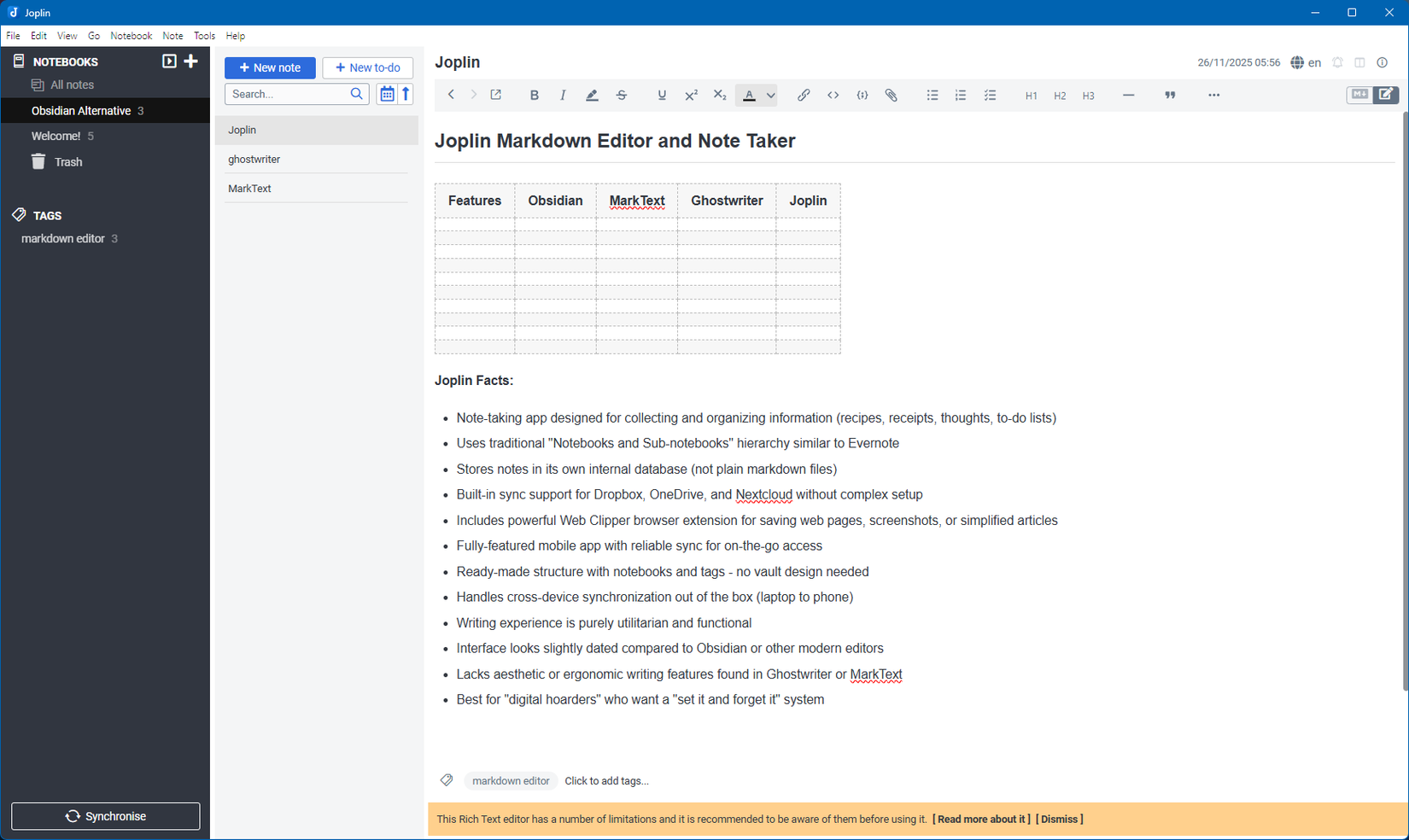 Joplin single column rich text editor.