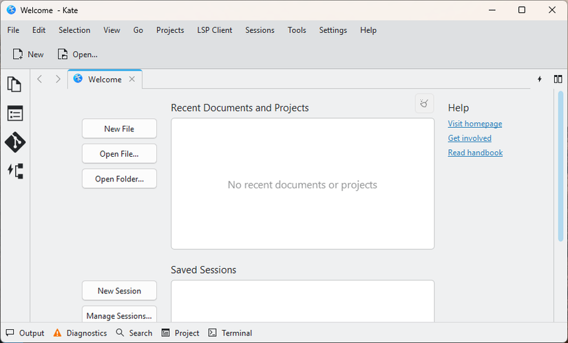 KATE, a KDE program, open to the main screen on Windows 11.