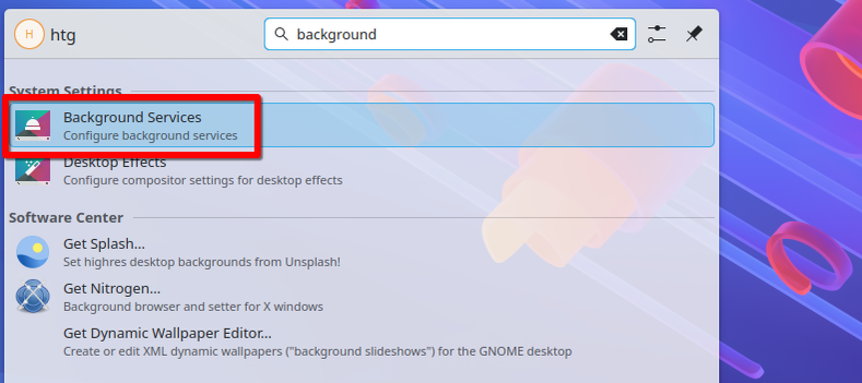 Iniciador do aplicativo KDE Plasma com uma caixa vermelha ao redor do programa Background Services.