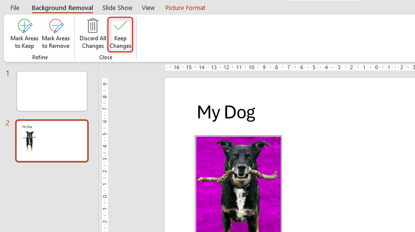 Manter alterações está selecionado na guia Remoção de plano de fundo do PowerPoint.
