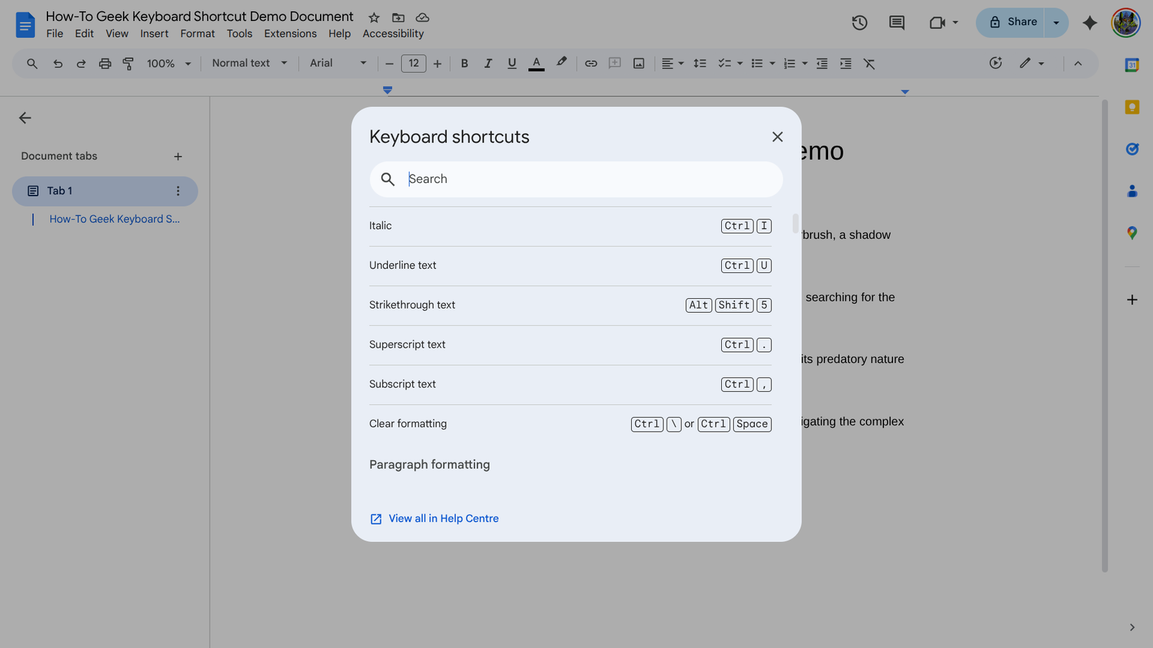 Keyboard shortcut search in Google Docs on Chromebook.