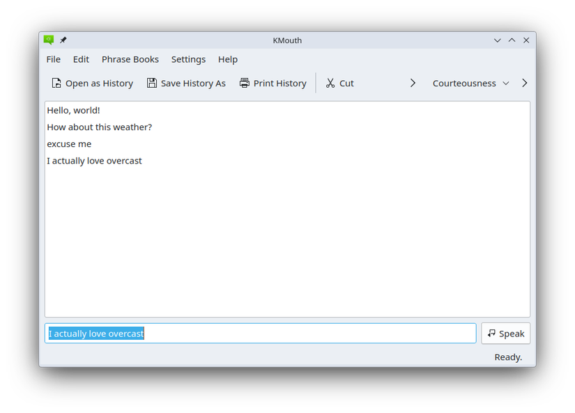 Kmouth with several history entries showing a conversation about the weather.