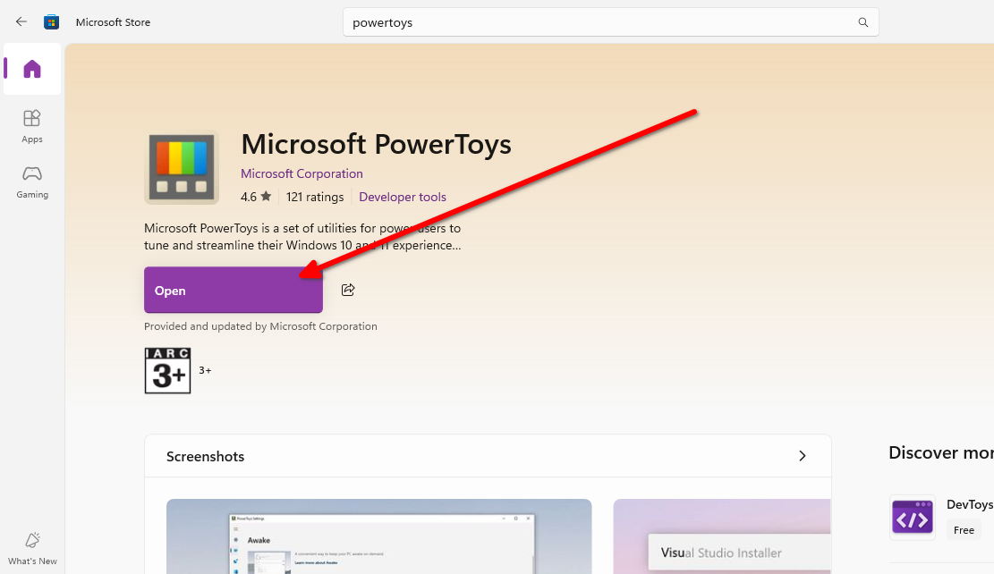 Installing PowerToys using the Microsft Store.