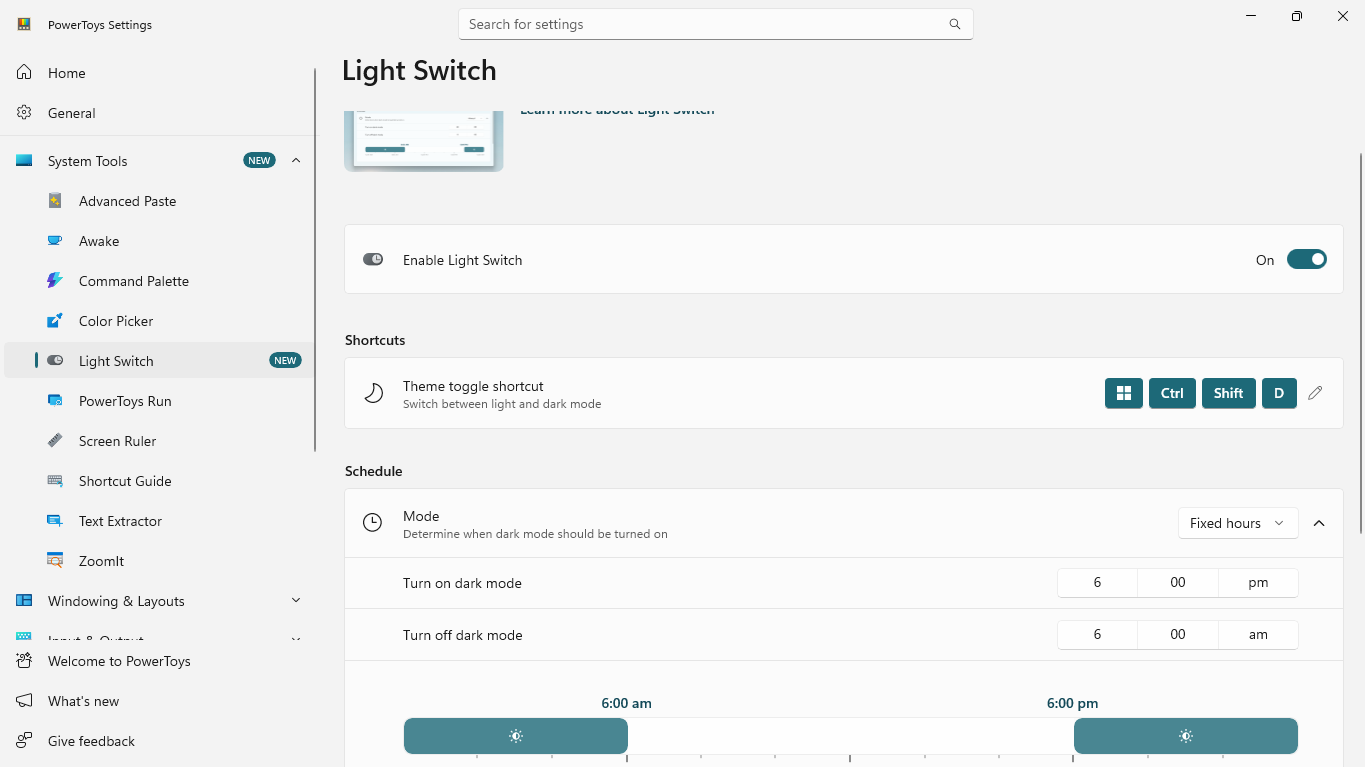 PowerToys automated light and dark mode switches.