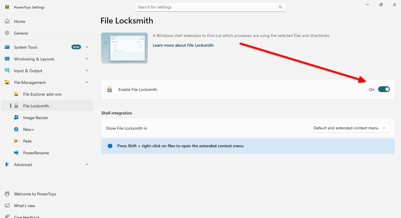 Using File Locksmith in PowerToys.
