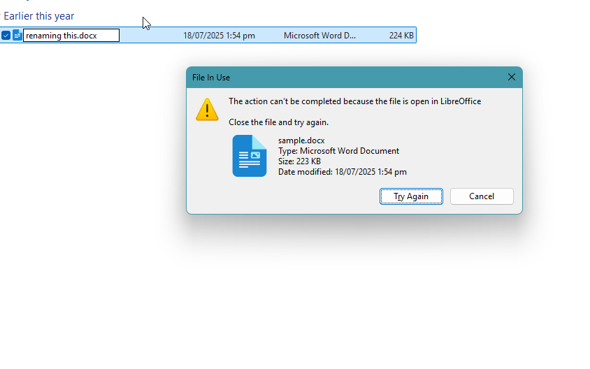 Windows can't delete a file that's already open in another program.