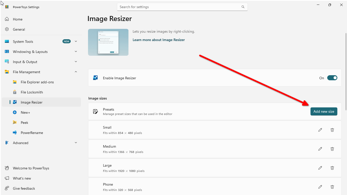 Resizing images using PowerToys.