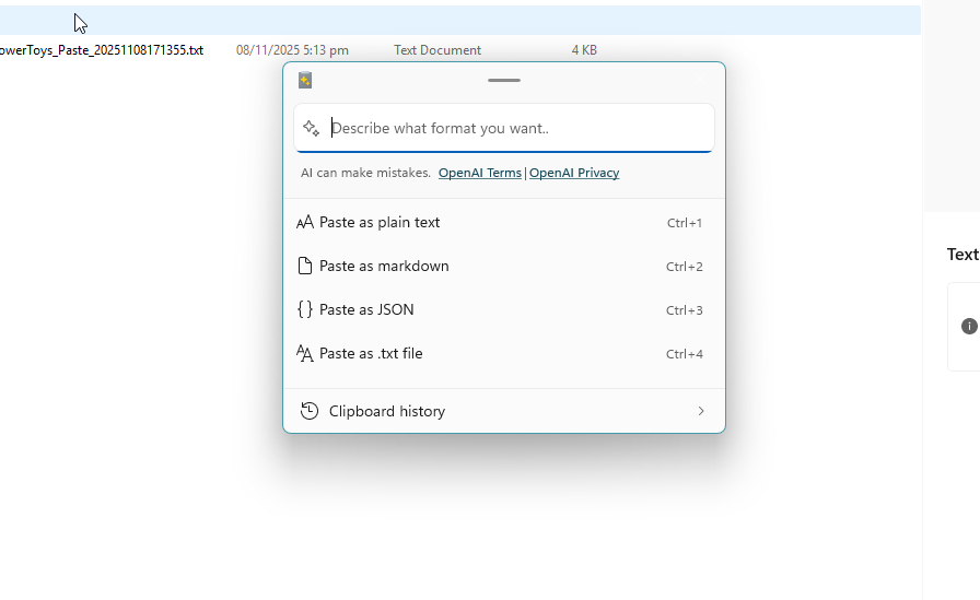 Pasting text files using PowerToys.