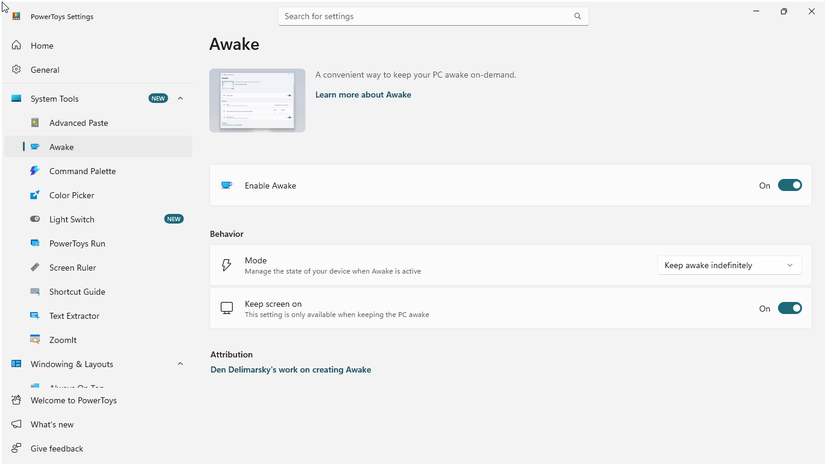 Manter o PC acordado indefinidamente usando o recurso PowerToys Awake.