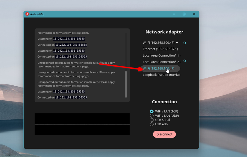 AndroidMic em execução na área de trabalho.