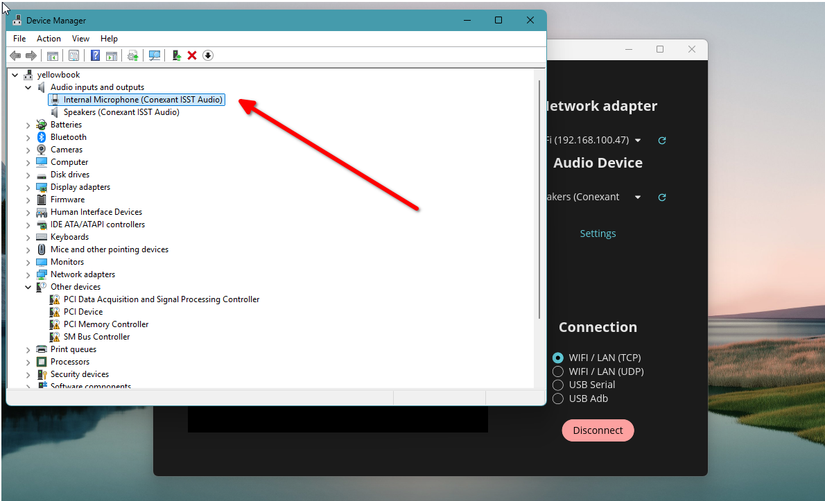 Desativando o microfone interno usando o Gerenciador de dispositivos do Windows.