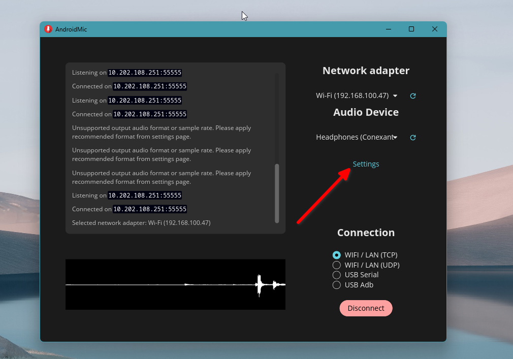 AndroidMic settings.