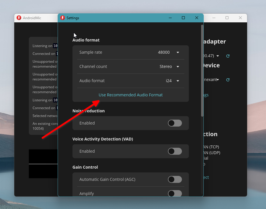 Recommended audio format configuration enabled.