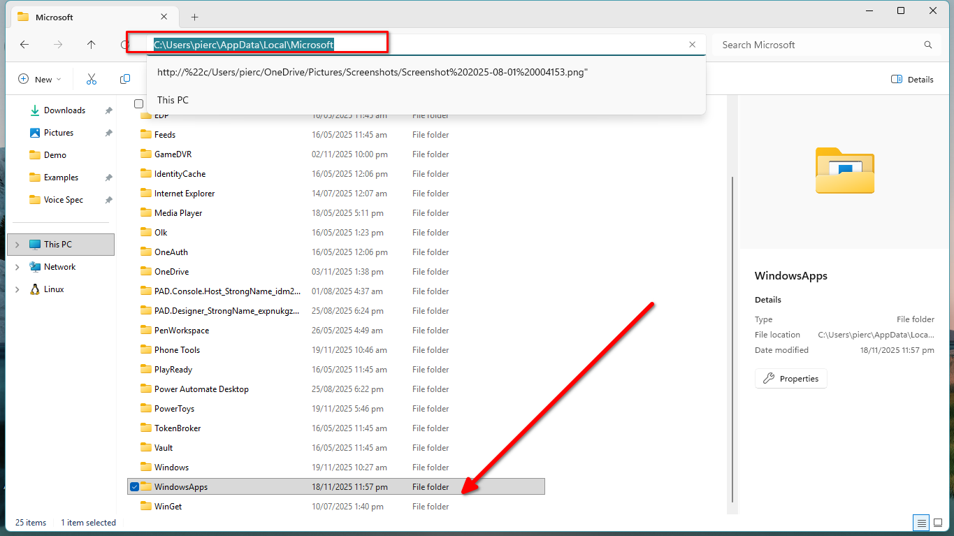 Copying the file path to winget.