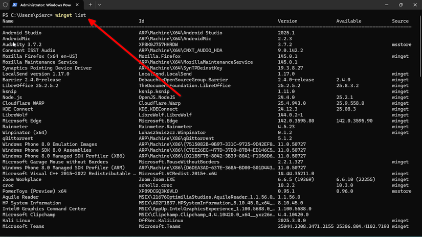 Listing all installed packages using winget.