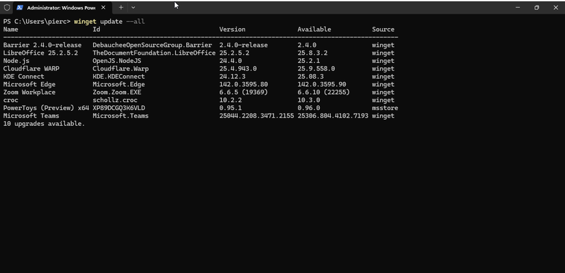 Updating all packages at once with winget.