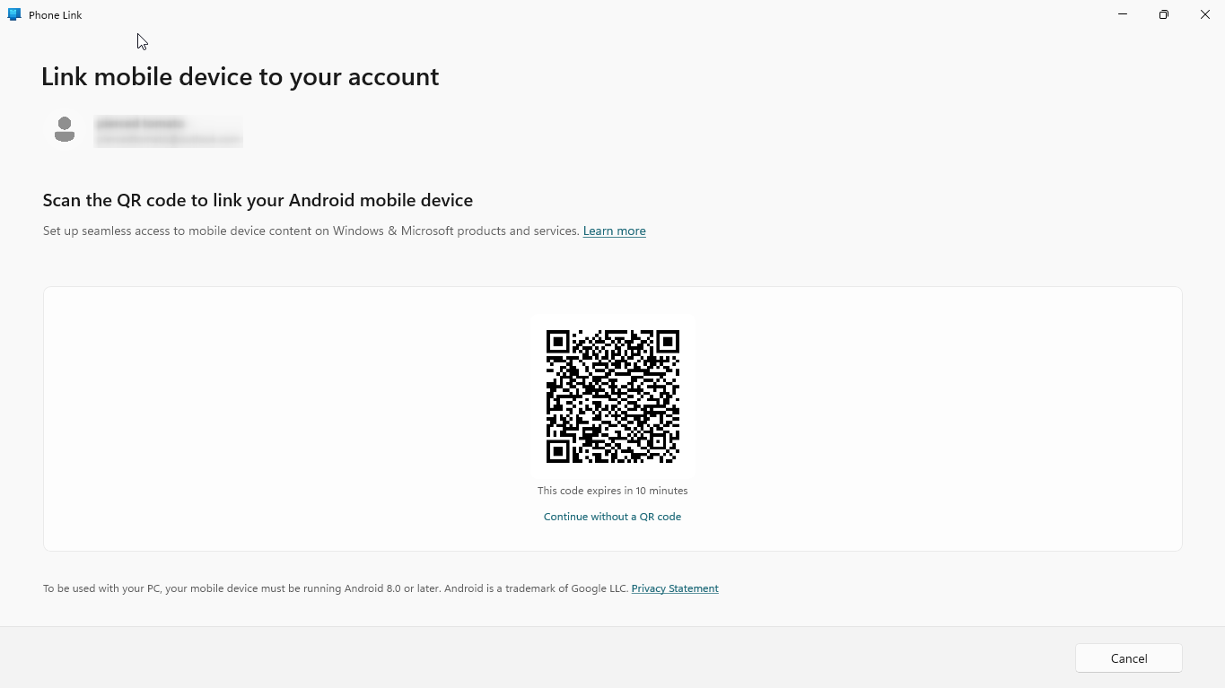 Connecting with Phone Link using a QR code.