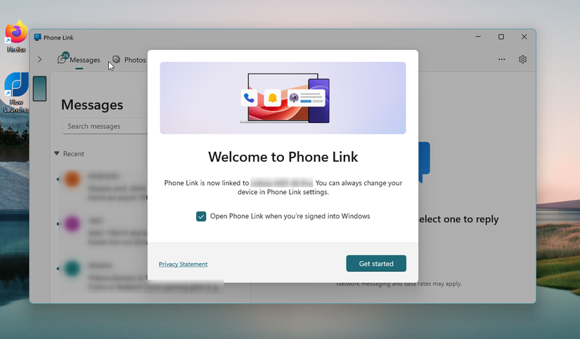 Conectado com sucesso o telefone e o PC usando o Phone Link.