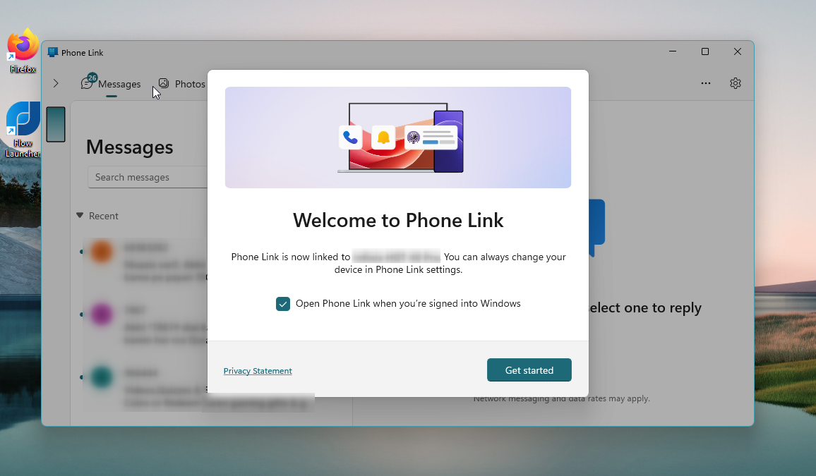 Successfully tethered the phone and PC using Phone Link.