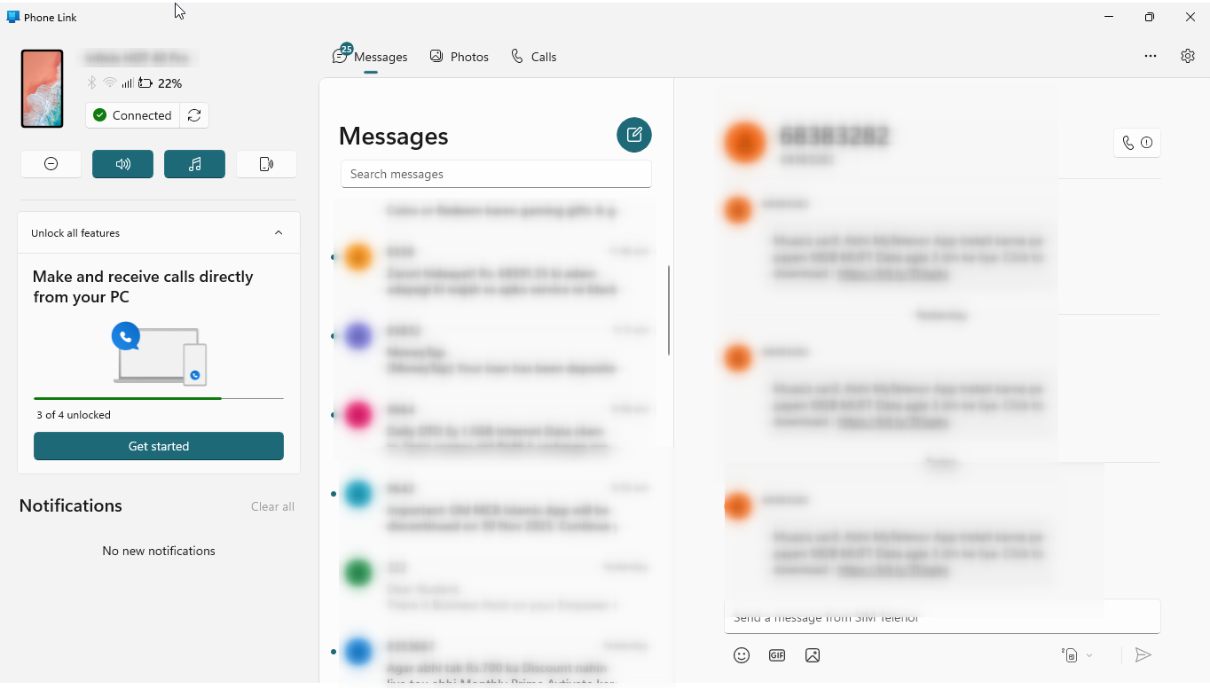 Text messages successfully synced using Phone Link.